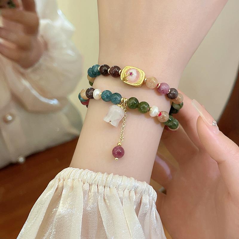Sweet Colorful Natural Tourmaline Stone & Freshwater Pearl Flower 14K Gold Filled Ladies Charm Bracelet  For Women Gifts