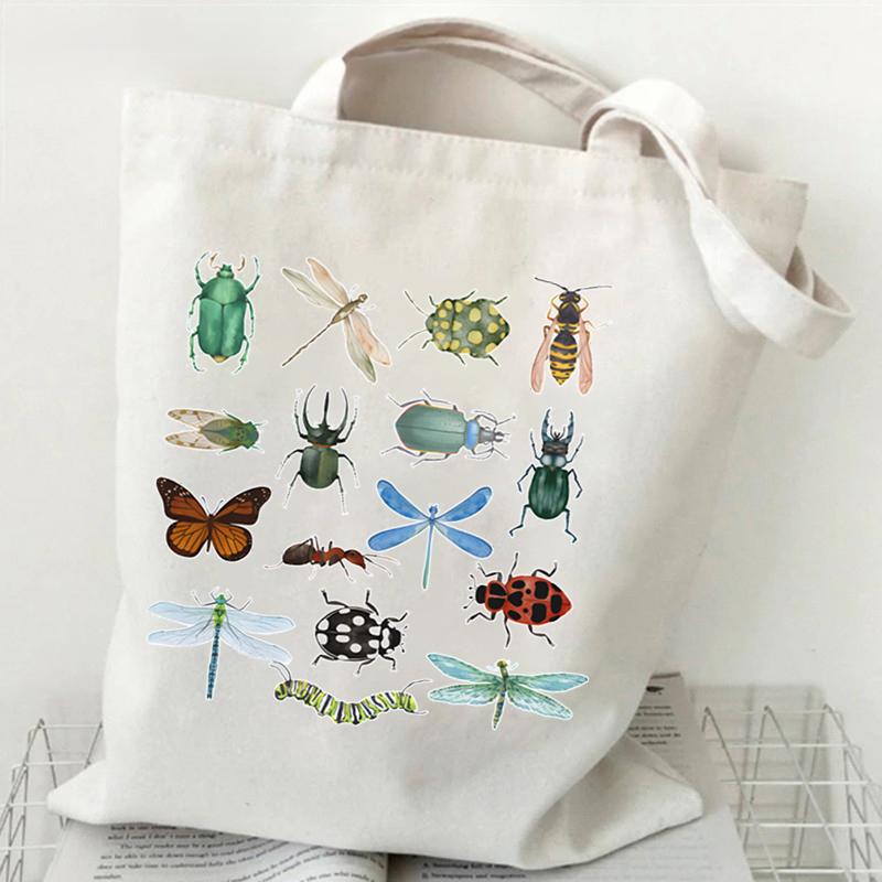 Fancy Style Studio Grappige Schattige Insecten Print Herbruikbare Handtassen voor Studenten Entomologie Liefhebbers Cartoon Ontwerp Canvas Boodschappentas Dames Tote Bags