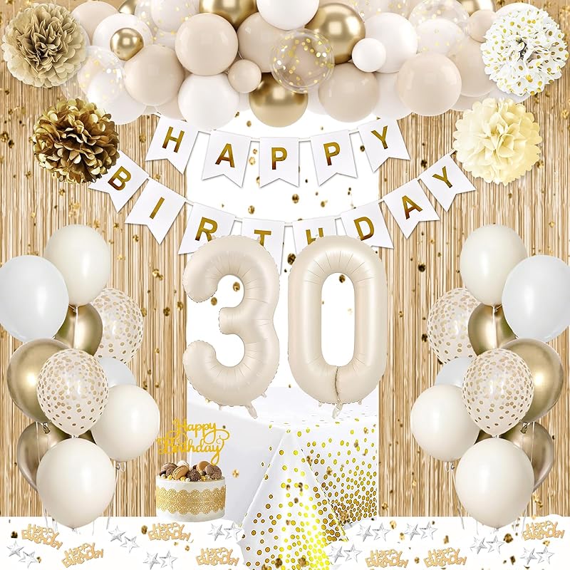 21st Birthday Decorations for Her, Happy 21st Bday Decorations White and Gold Balloons Happy Birthday Banner Tablecloth Fringe Curtain Cake Topper