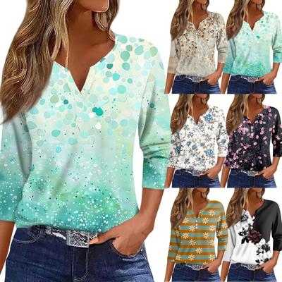Γυναικείο T-Shirt με Πουέντα Κουμπί 3/4 Μανίκι Καθημερινό Σαββατοκύριακο Μόδα Βασικό V-Λαιμόκοψη Κανονικό Τοπ