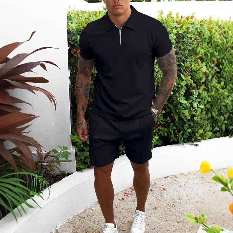 Mens Short Sleeve Tracksuit Casual 2 Piece Set Polo Collar Zip Up Outfit