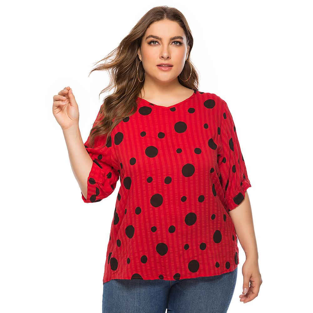 Sommerskjorte for kvinner Stor størrelse Polka Dot Print Løs Uformell kortermet T-skjorte