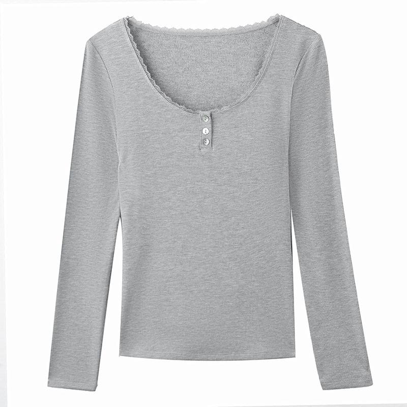 

CANVAUS Новая осенняя рубашка с кружевным низом и глубоким вырезом, футболка с длинными рукавами в европейском и американском стиле, женская куртка внутри и снаружи XXL серый