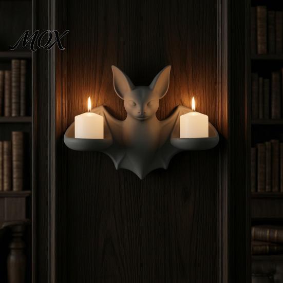 Unique Wall Scenery Gothic Bat Candle Holder, 3D Printed Double Sconce Candlestick with Spooky Hanging 2 Electronic Candles, Dark Style Halloween