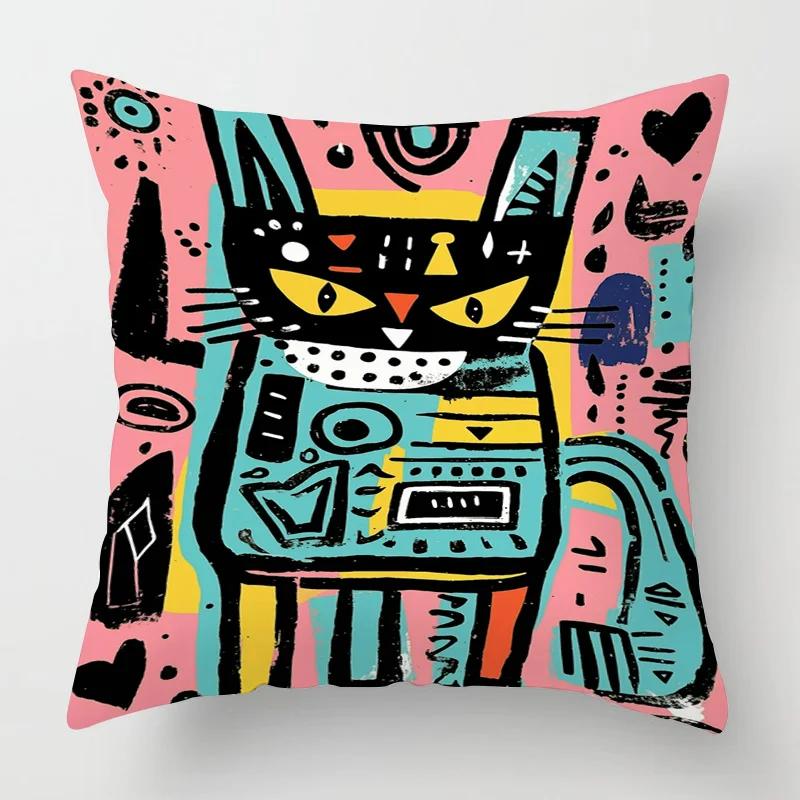 Home Decor Cat & Tropical Plant Patterned Pillow Covers Pattern Cushion Cover Suitable for Sofa Bedroom Car Pillow Cover