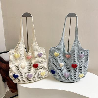 Hollow Out Lover Heart Thread Woven Bag Beach Handbag Tote Bag Beach Bag Large Capacity Bohemian Style Shoulder Bag Girls KTB