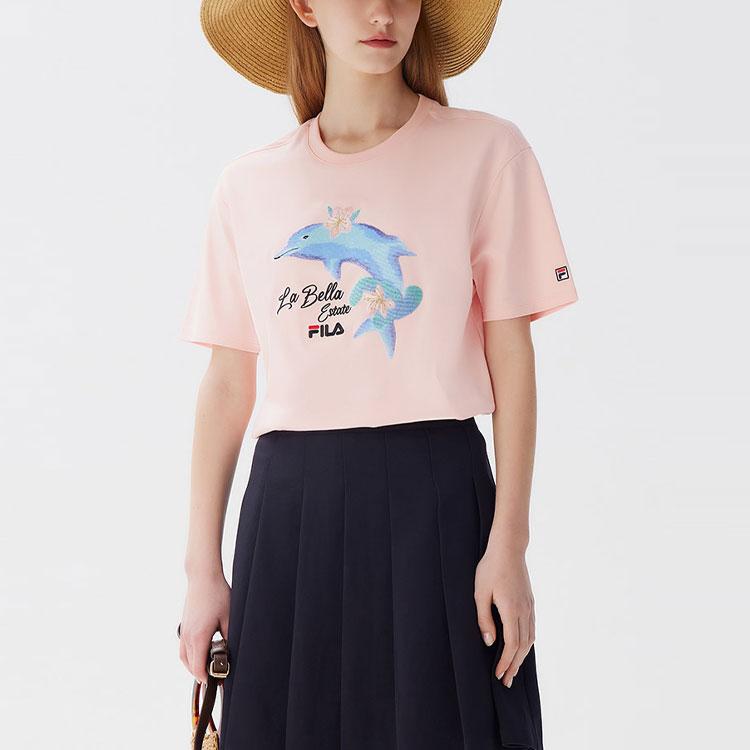 Fila Dolphin Print Casual Sports Short Sleeve T-Shirt Women Tops Pink F51W128107F-PK