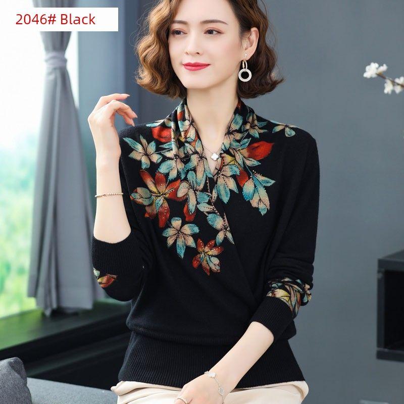 

Women s Cashmere Sweater in Erdos City Short Sweater Loose Slimming V-Neckline Wool Knitting Bottoming Shirt Mom Top Black (2046) 2XL