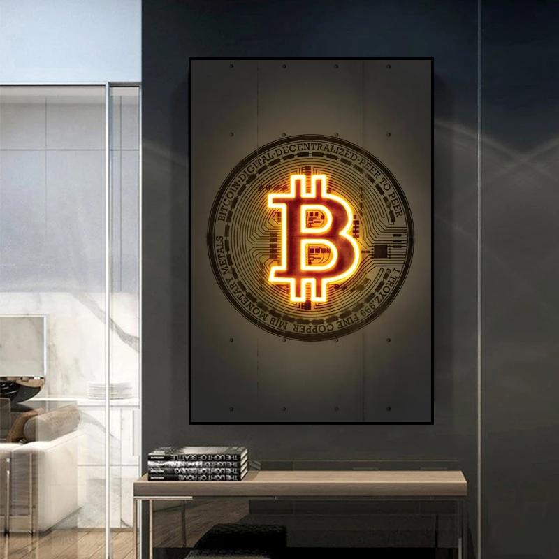 Modernt guld Bitcoin Inspirerande dukmålning Väggkonstaffischer Skriver ut Väggbilder för vardagsrummet Hem Cuadros Dekorativa