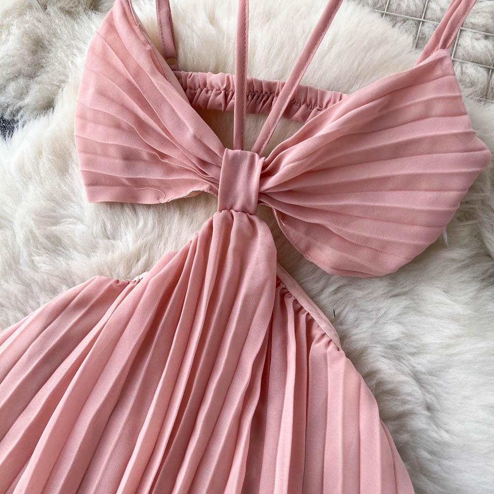French Sexy Hollow Out Irregular Slim Beach Pleated Dress Women Seaside Holiday New Fashion Sleeveless Bohemian Clothes