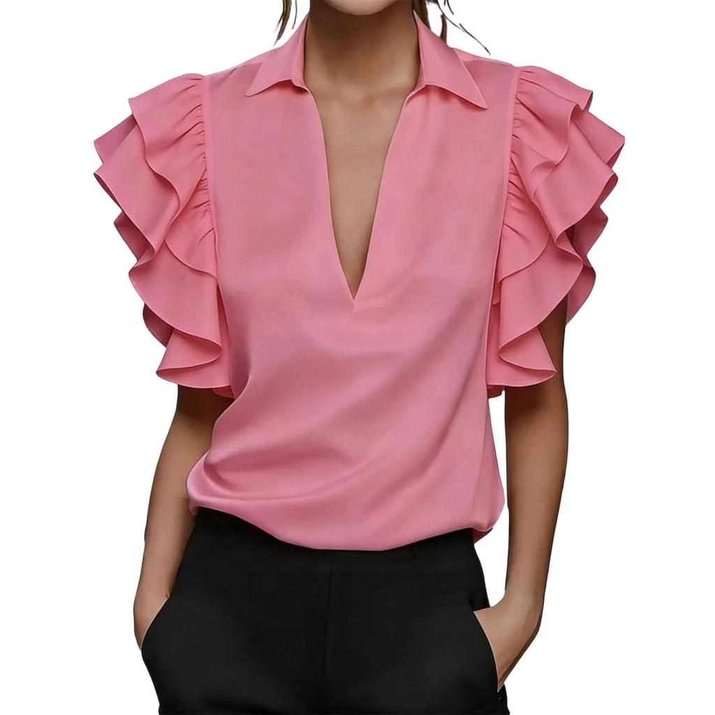 Womens V Neck Blouse Short Sleeve Top Ruffle Sleeve Shirt Lightweight Casual Office Wear Summer Fashion