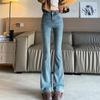 Women's High Waist Fleece-Lined Grey Flare Jeans - Autumn/Winter Slimming Design