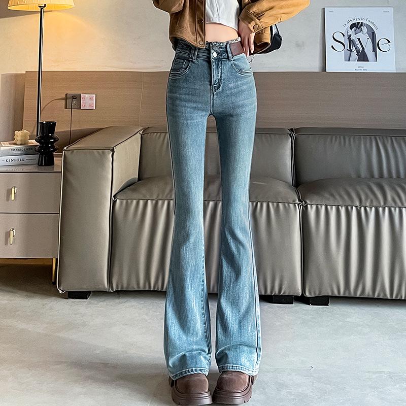 Women's High Waist Fleece-Lined Grey Flare Jeans - Autumn/Winter Slimming Design