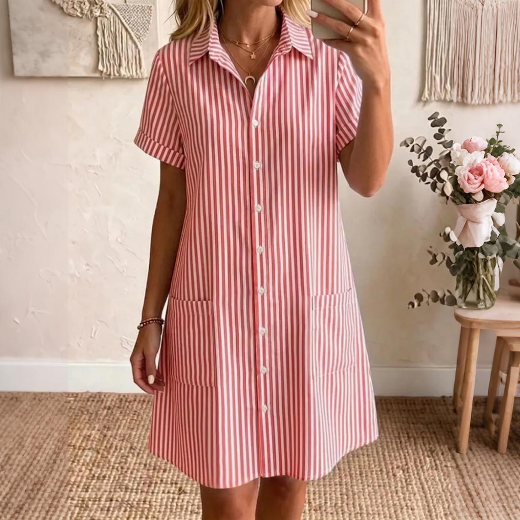 Women's Loose Fit Plus Size Striped Short Sleeve Shirt Dress Casual Mid Length Button Down Dress with Pockets Summer Style