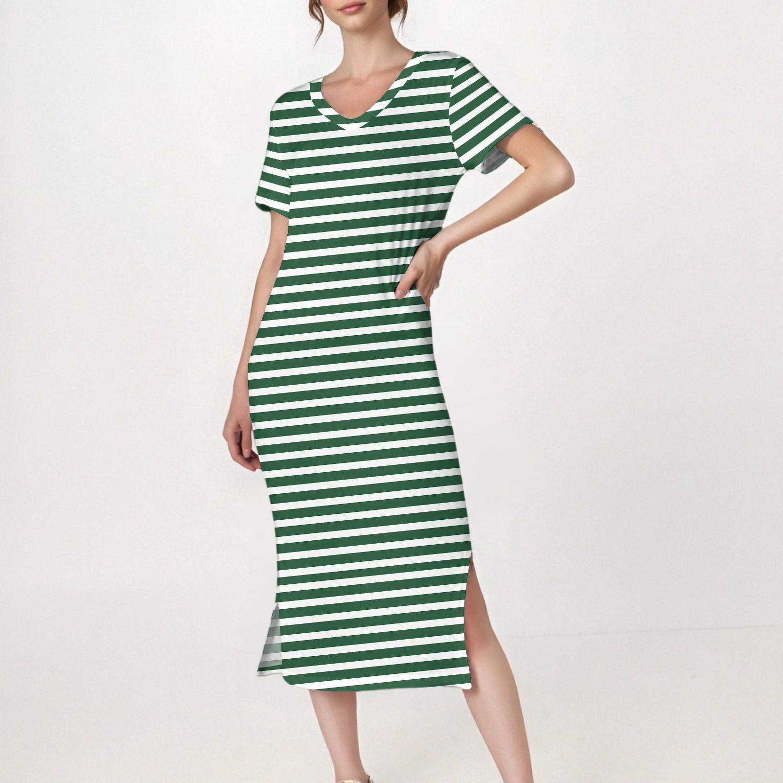 

Женское повседневное платье с V-образным вырезом и короткими рукавами, разрезом по низу и карманами L зелёный