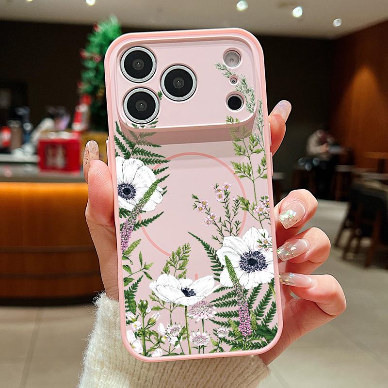 Case For iPhone 17 Pro Max INS White Flower Plants Pattern Magnetic For Magsafe Hybrid Slim Matte Cover For iPhone 16 15 14 13 Pro Max
