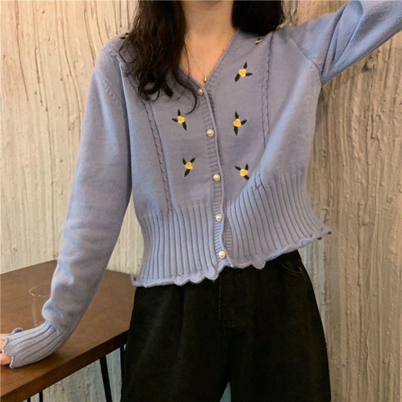 

Женский весенний вязаный кардиган в корейском стиле с цветочной вышивкой, универсальный свитер с V-образным вырезом, базовый слой, топ с длинным рукавом One size синий