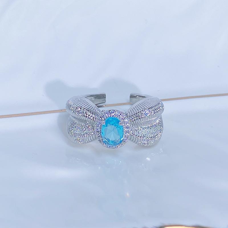 Caibao Personalized Sea Blue Micro-Inlaid Zir*****Pen Ring Female Geometric Niche Light Luxury High-End Ring Female