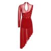 S-XXL Women Lyrical Dancewear: Asymmetrical Side Split Dress with Mock Neck, Cutout, Sheer Mesh, Patchwork & Shiny Rhinestones