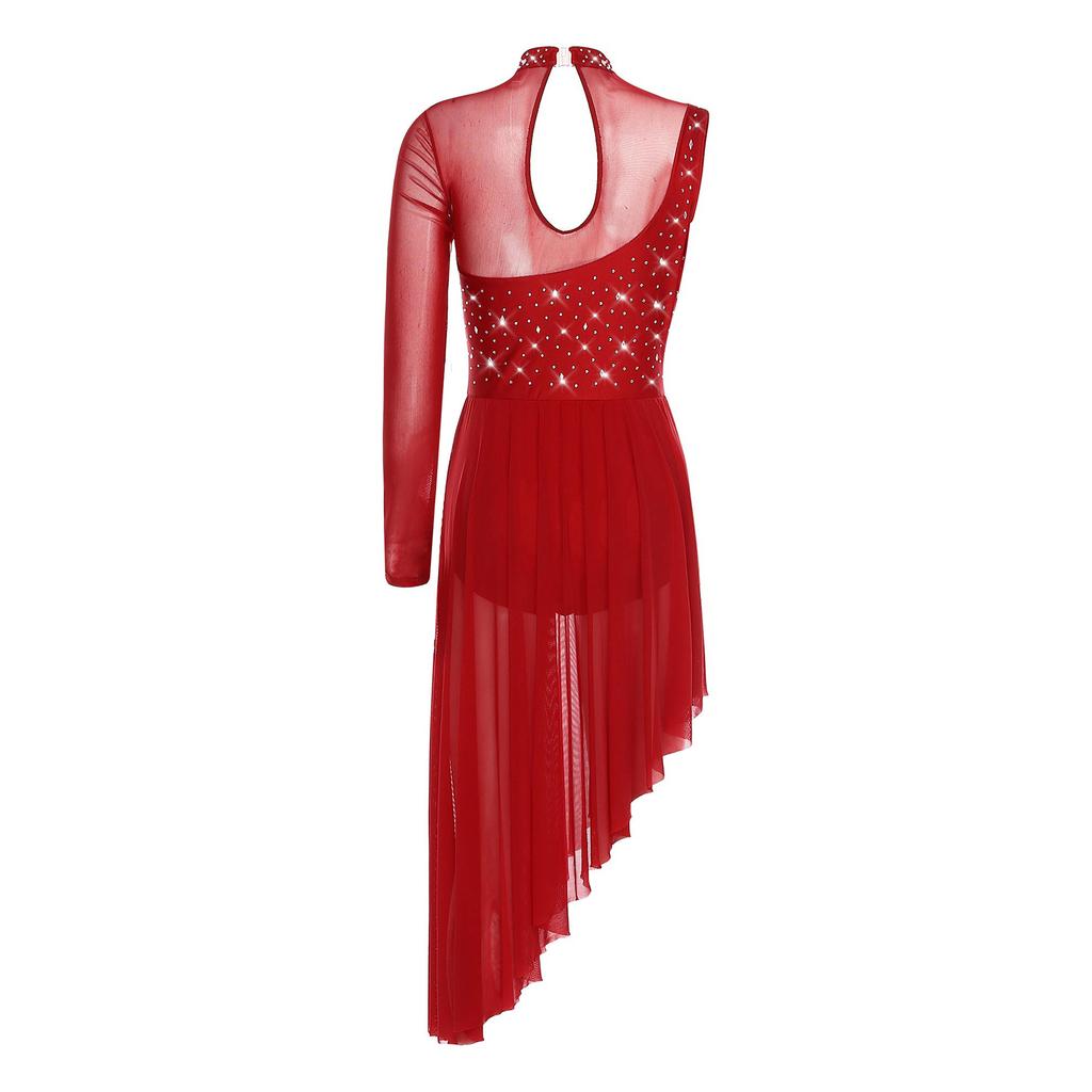 S-XXL Women Lyrical Dancewear: Asymmetrical Side Split Dress with Mock Neck, Cutout, Sheer Mesh, Patchwork & Shiny Rhinestones