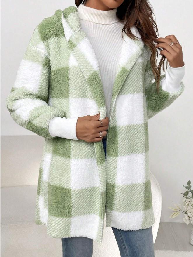 Women's Autumn/Winter Hooded Plaid Plush Cardigan Jacket