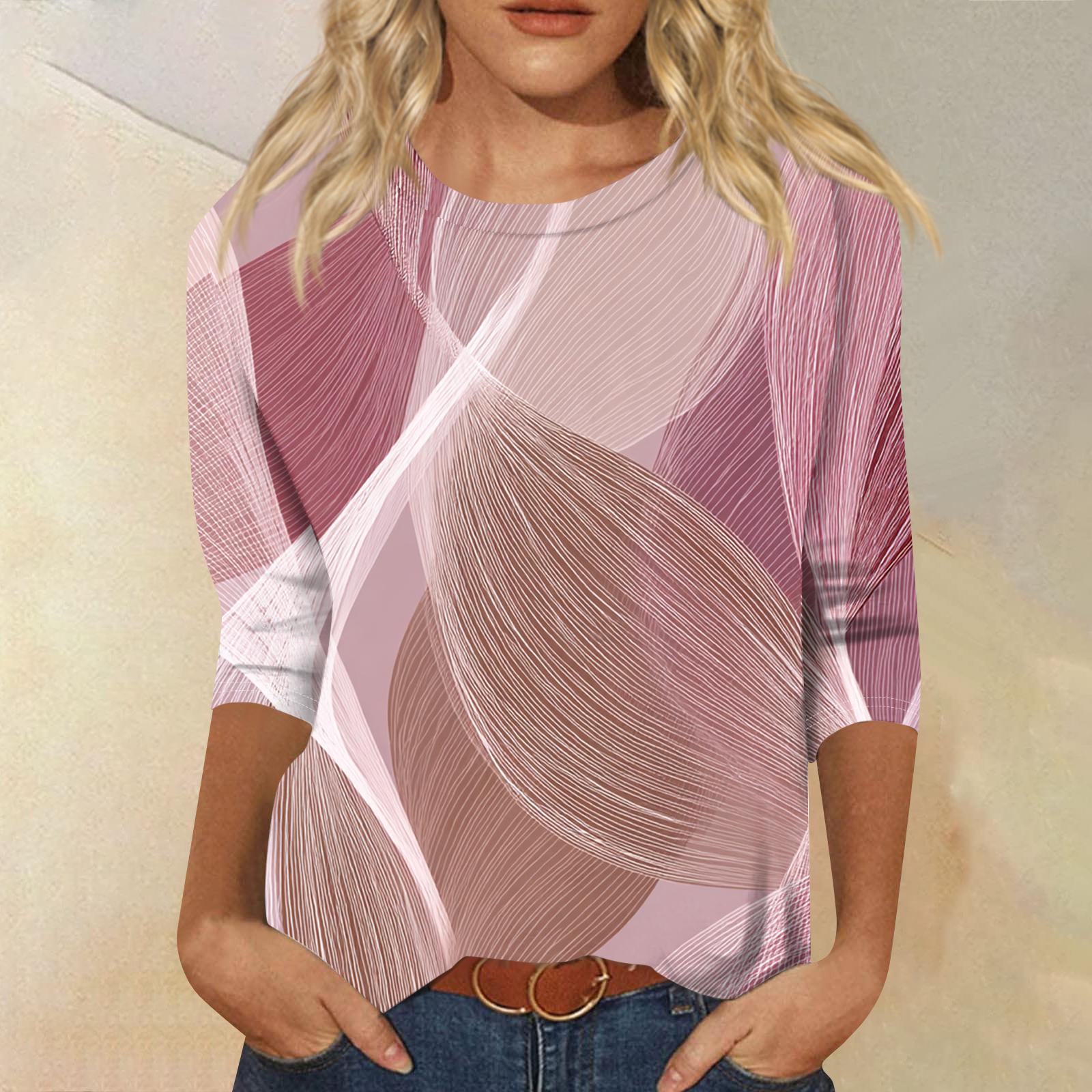 

Женская модная повседневная футболка с круглым вырезом, рукавом три четверти и градиентным принтом XL розовый