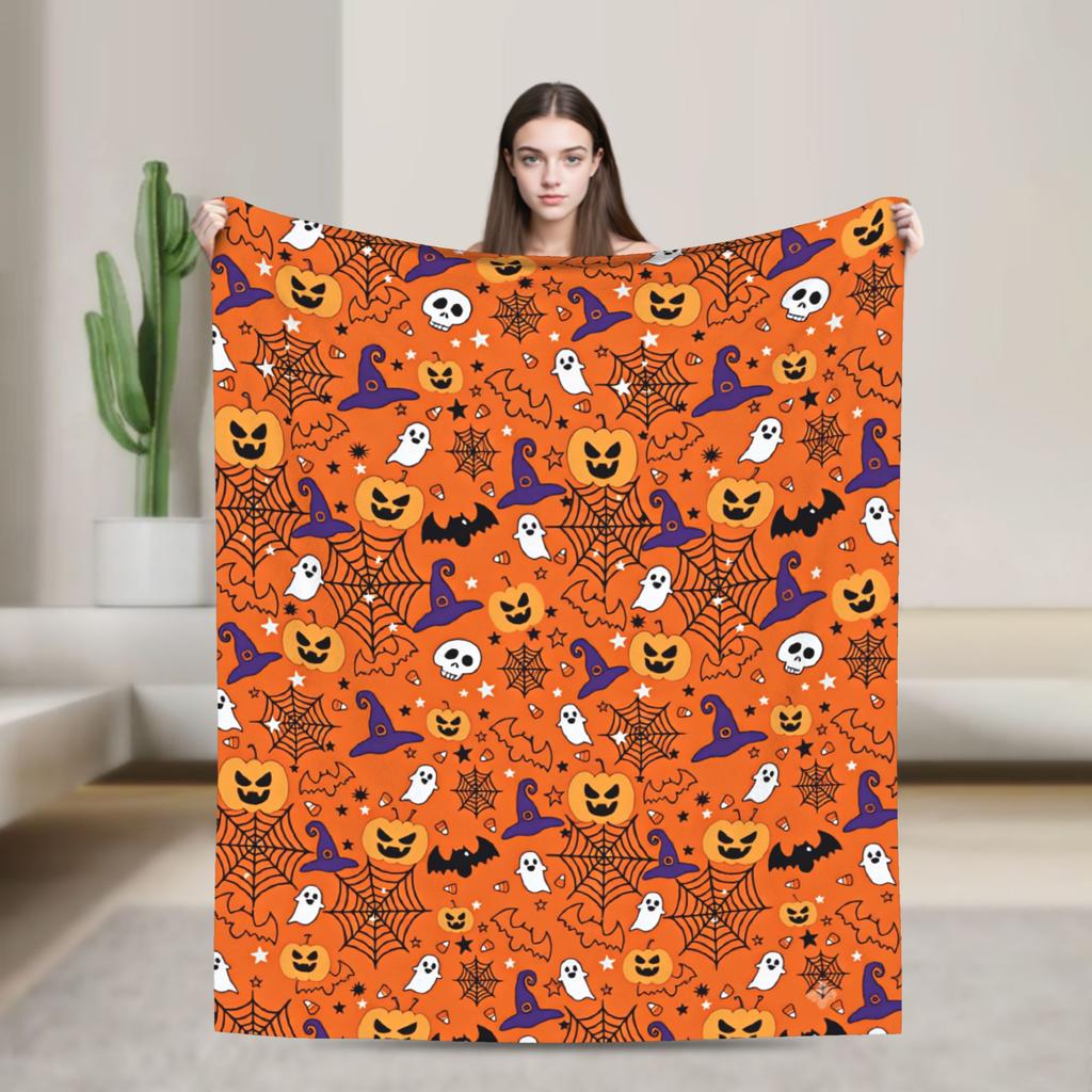 Halloween Silhouette Pumpkin Ghost Bat Witch Hat Seamless Pattern Orange Background Cozy Blanket Throws Picnic Flannel Bedspread