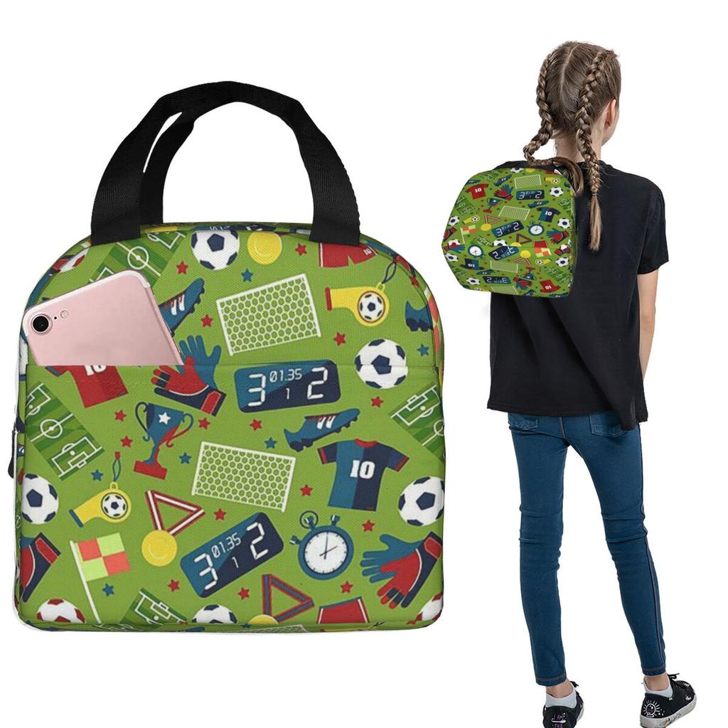 Fútbol Elemento Deportivo Patrón Deportivo Bolsa de Almuerzo Aislada para Mujeres Niños Portátil Cajas de Comida Lonchera Térmica Bolso Tote
