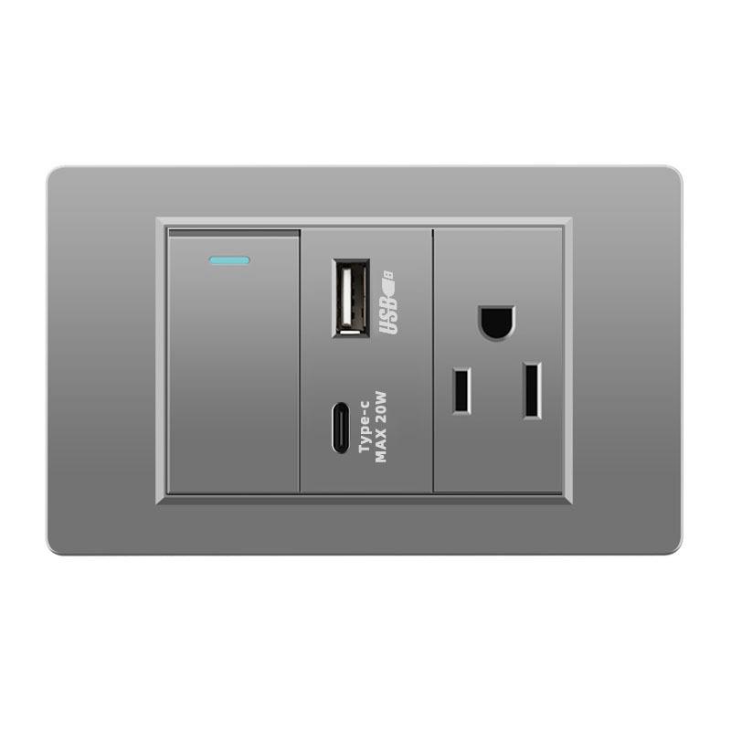 118 Type Switch Six-Hole Gray Wall Socket with Type-C 20W, Thai Style & PC Panel, Taiwan Socket