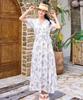 Helingbon Women'S Perforated Flower Wrap Short Sleeve Resort Long Dress Hi187