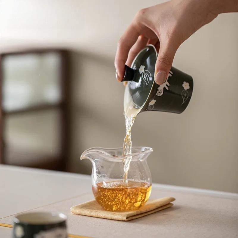 125ml Pó Yin Verde Oliva Gato da Sorte Pintado à Mão Gaiwan Tigela de Chá Zen com Tampa Kit Tampa de Preparo de Chá Conjunto de Chá
