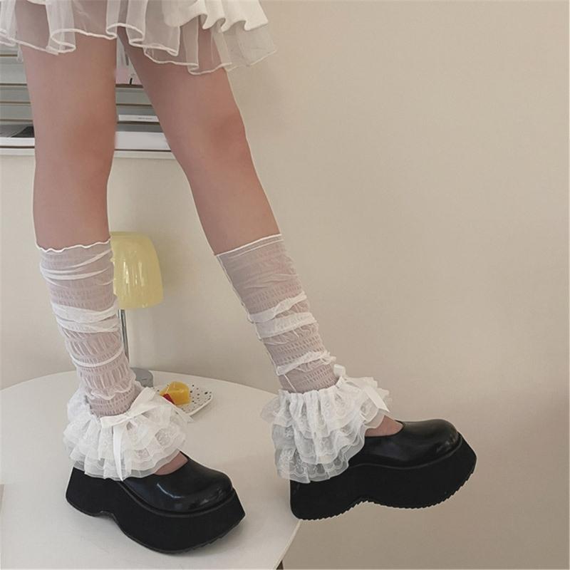 Vintage durchsichtiger Netz-Beinwärmer-Ärmel für Damen Elegante gestufte Rüsche Spitze Schleife Ausgestellte lockere Beinabdeckung Lange Socke