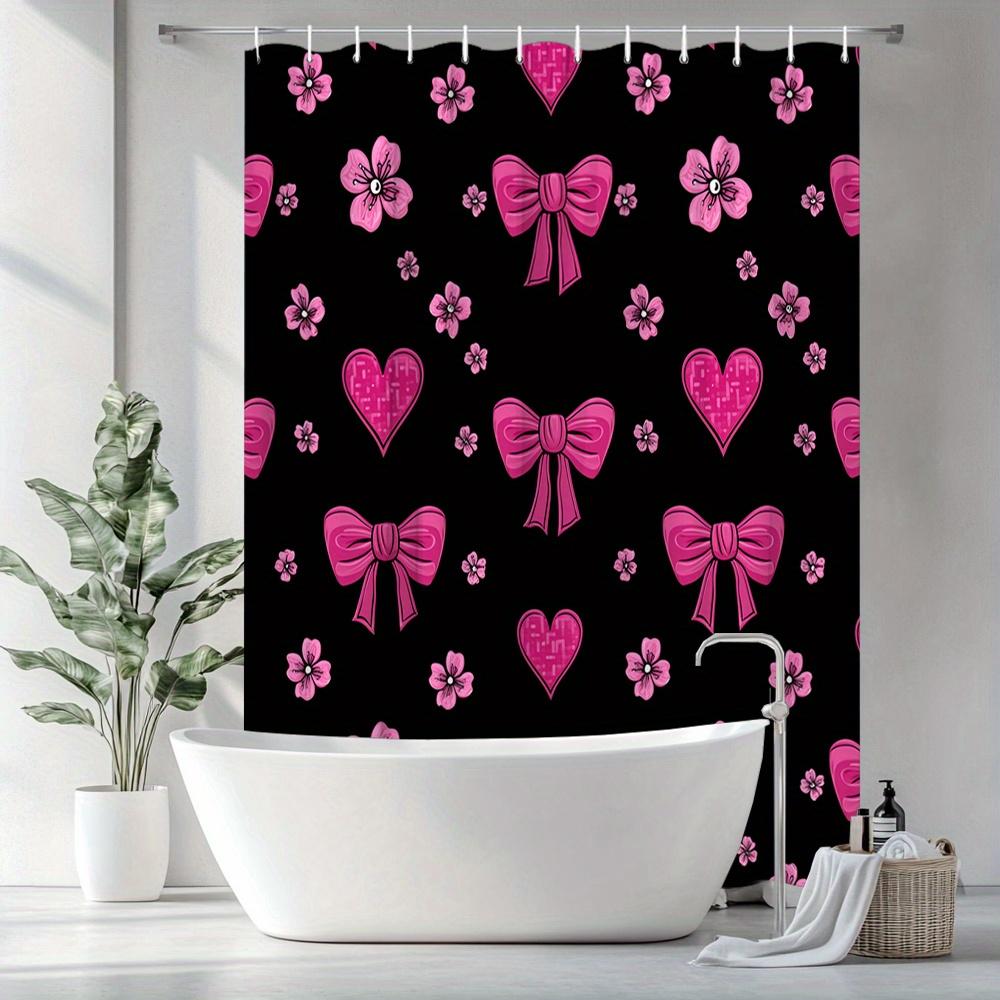 Pink Bow Heart Shower Curtain Black Background Waterproof Polyester Bath Curtain With Hooks For Valentine'S Day Bathroom Decor