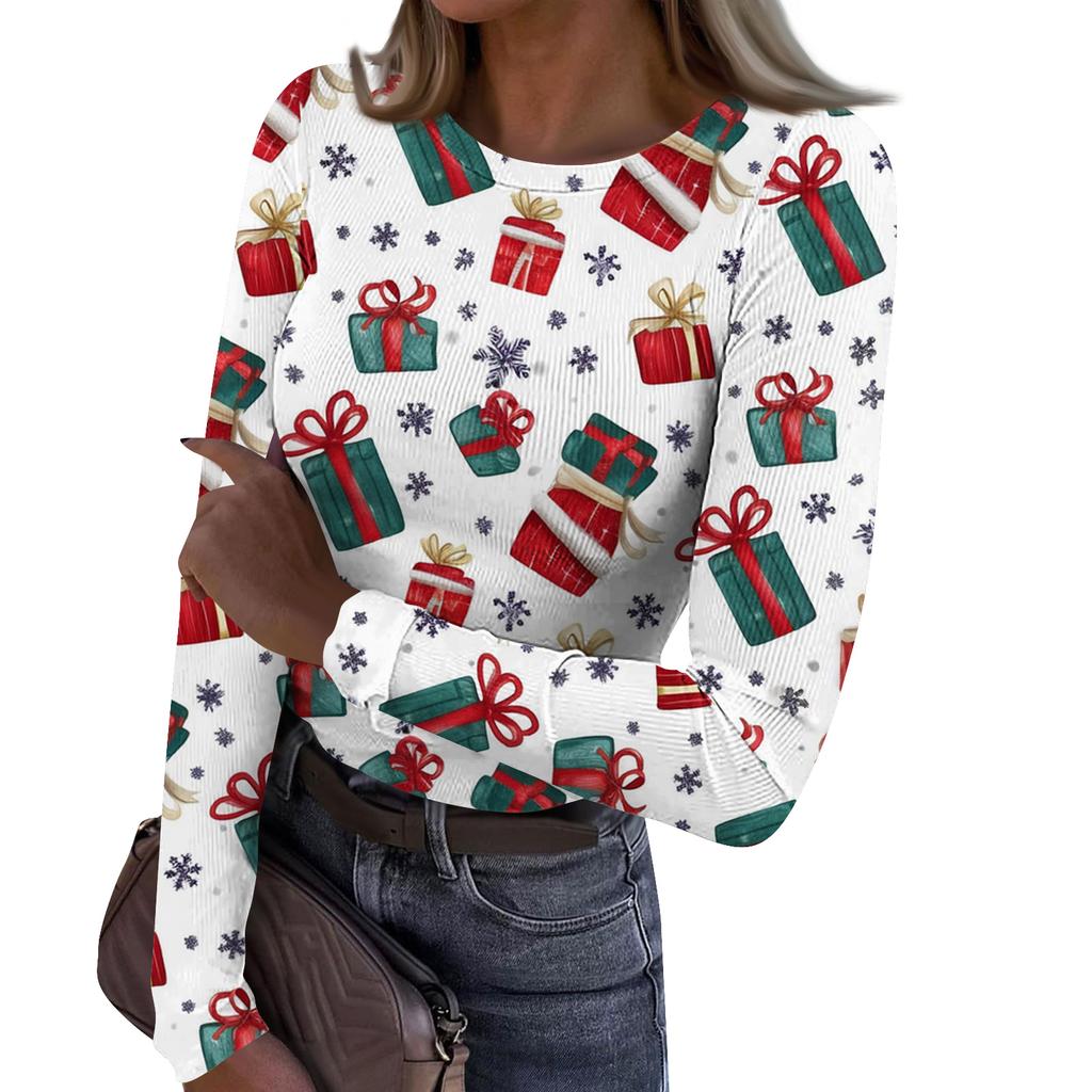 Women's Fashion Slim-Fit Round Neck Base Layer T-Shirt Christmas Print Long-Sleeved Top
