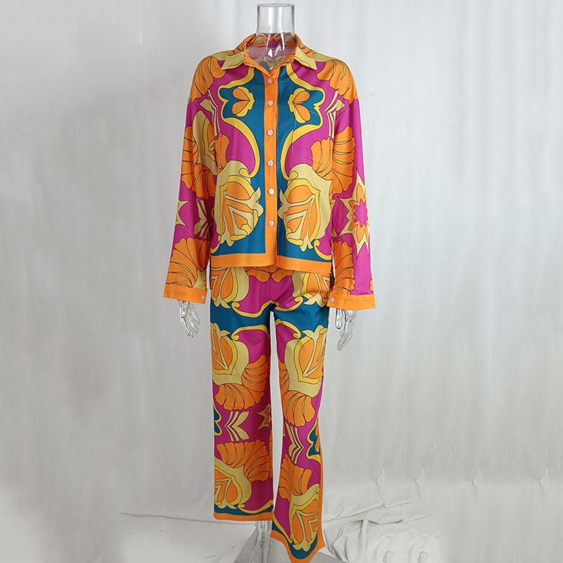 

Рубашка с длинными рукавами и принтом, женский костюм, винтажные свободные прямые брюки с высокой талией, комплект из 2 предметов, женская весенняя новая женская одежда S
