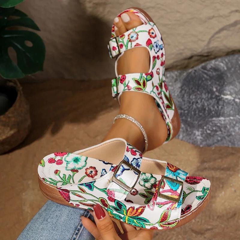 Fashion Fashion Printed Wedge Heels Sandals Women Summer 2025 Double Buckle Platform Slippers Woman Lightweight Non Slip Beach Sandles