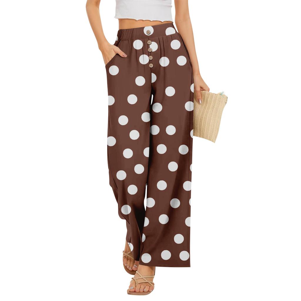 Calças Largas Femininas com Estampa de Bolinhas e Cintura Elástica com Botão e Bolsos para Uso Casual de Verão