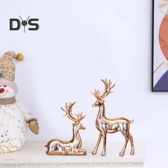 2Pcs Casal Rena Estatueta De Pé Deitado Cervo Estátua Resina Alce Escultura Natal Escritório Em Casa Estante Decoração De Mesa Ornamento