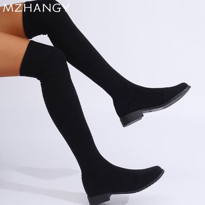 Bottes hautes tricotées pour femmes, chaussures plates au-dessus du genou, tendance hiver 2025, mode confortable, robe de marche, chaussettes, bottes Mujer Botas