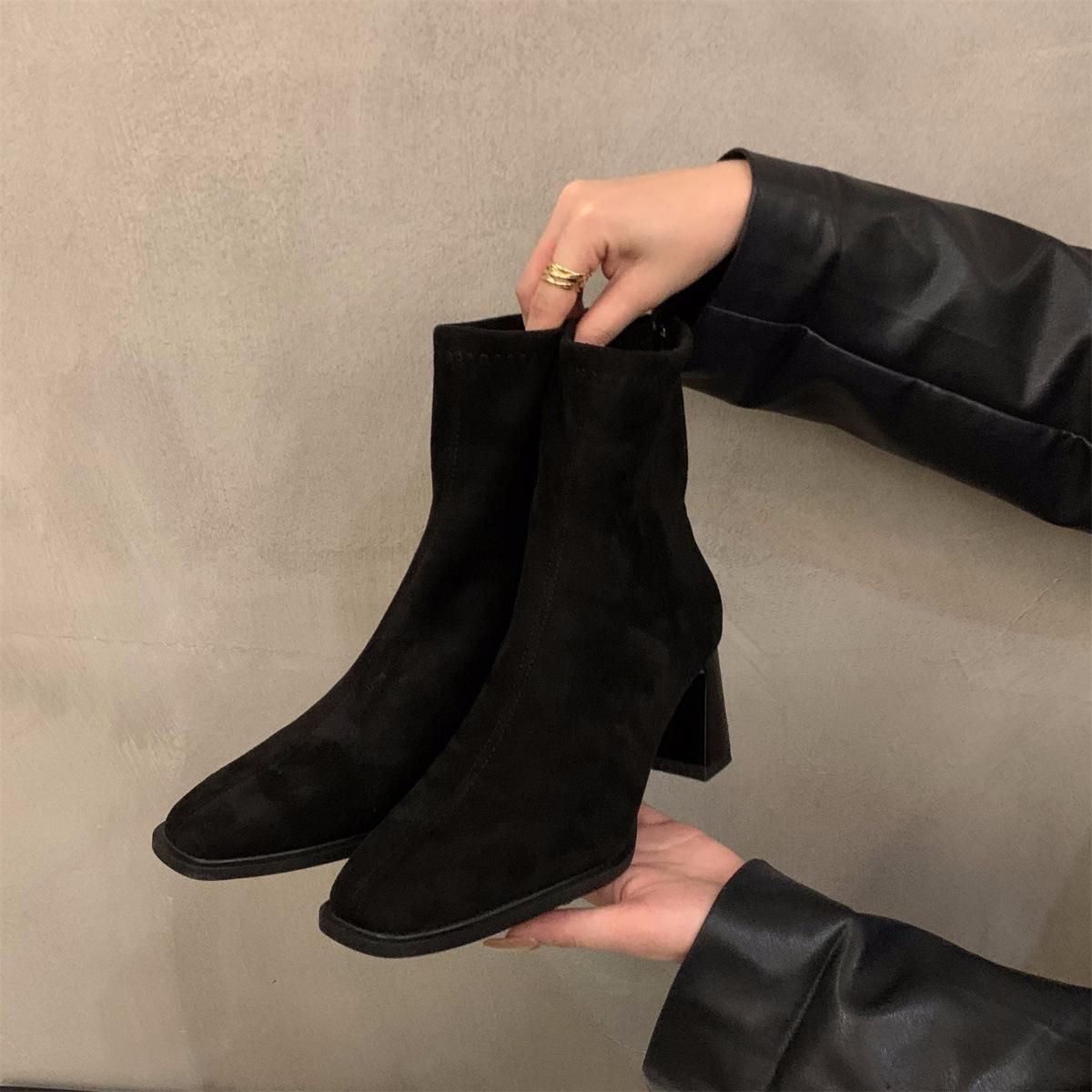 

Women Ankle Boots Square Toe Suede High Heels 2026 Autumn French Zipper Outdoor Short Boots Fashion Elegant Botas De Mujer 35 чёрный