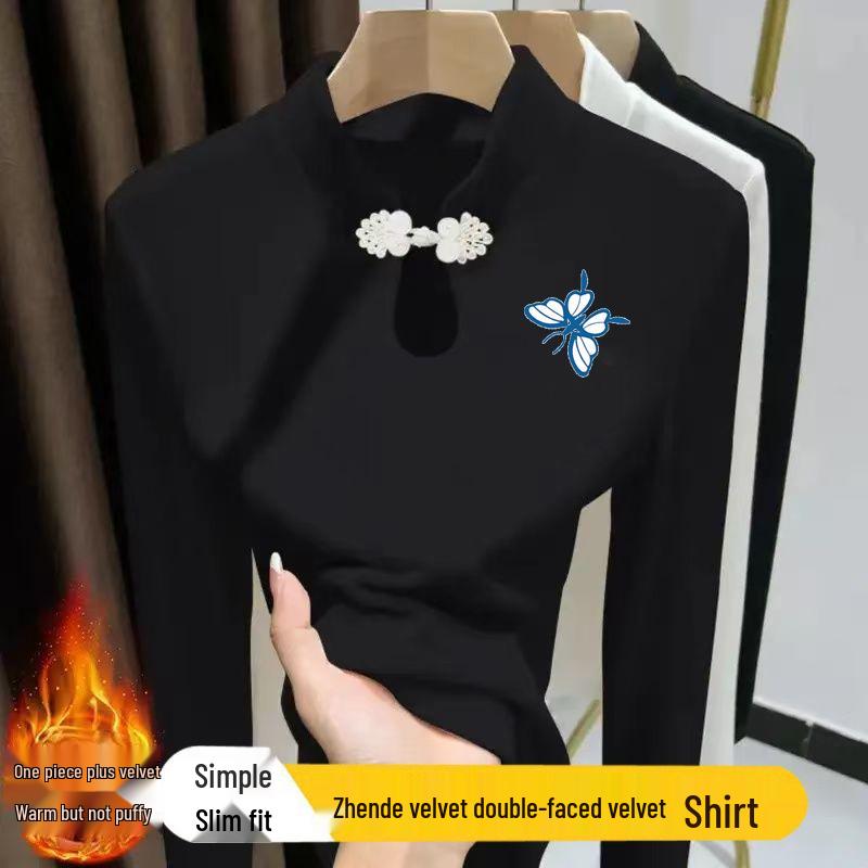 

Autumn Winter Women s Frog Button Stand Collar Long Sleeve T-shirt with Water Drop Print M (80-100 jin)