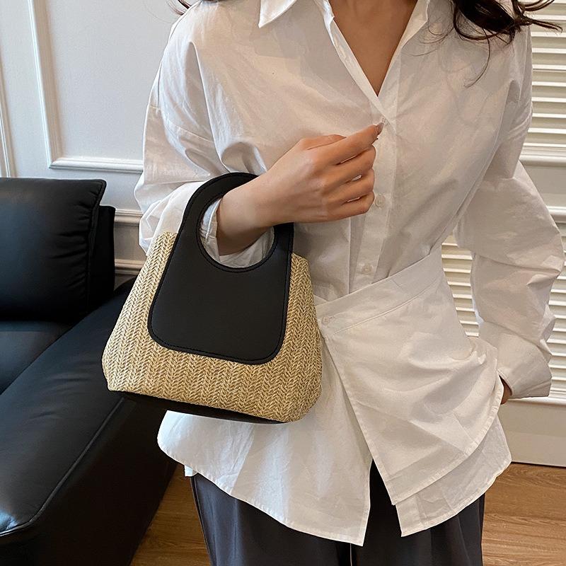 Retro Contrasting Color Splicing Straw Woven Bag Large-capacity Design Sense Niche Beauty Simple Fashion Hand Bag Women's Bag