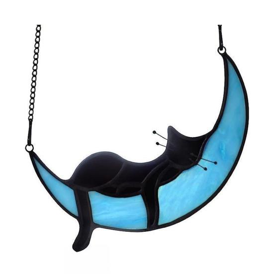 Cat On Moon Hanging Ornament Stained Glass Window Hanging Suncatcher Acrylic Panel Wall Art Memorial Gift for Women Wife Mom Cat Lovers