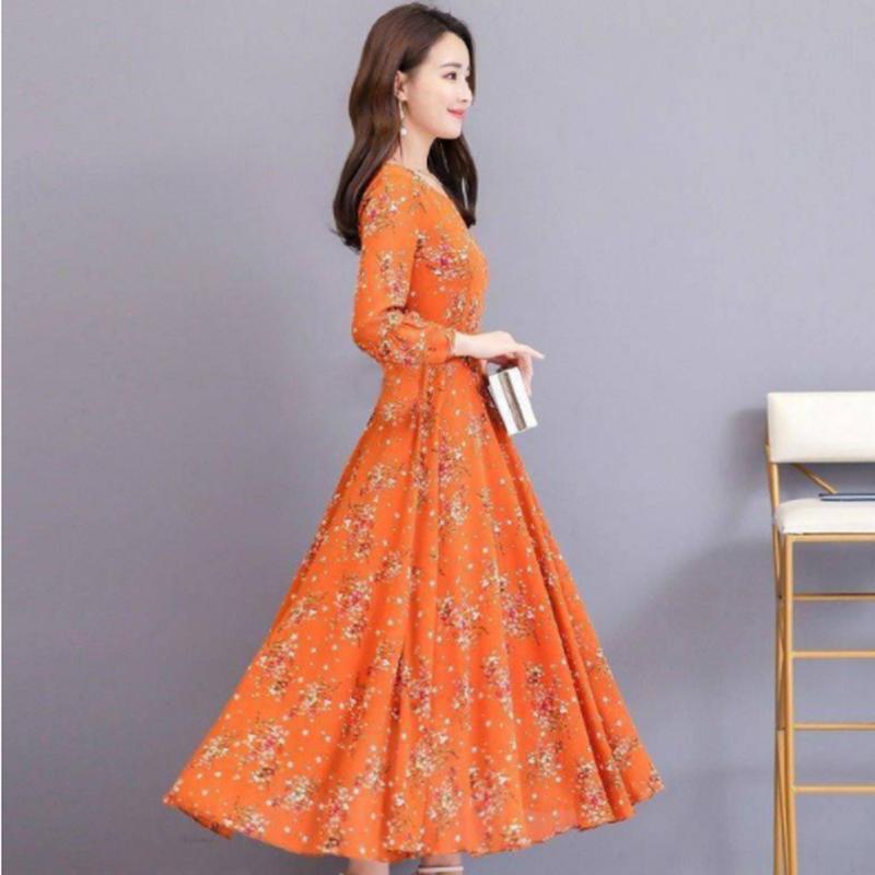 Jaro Nový Korejský Styl Rozšířený Styl Potisk Rozšířené Šaty Dlouhý Rukáv Nad Koleno Kulatý Výstřih Plážová Sukně