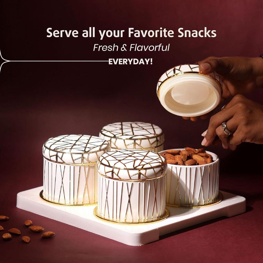 Airtight Dry Fruit Container Set- 4 Pieces (450mL each), Snacks Serving Bowls with Tray, Classic White, Serving Tray with Bowls for Snacks