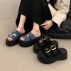 JX thick-soled muffin sandals women's new versatile height-increasing denim slippers sports cool slippers