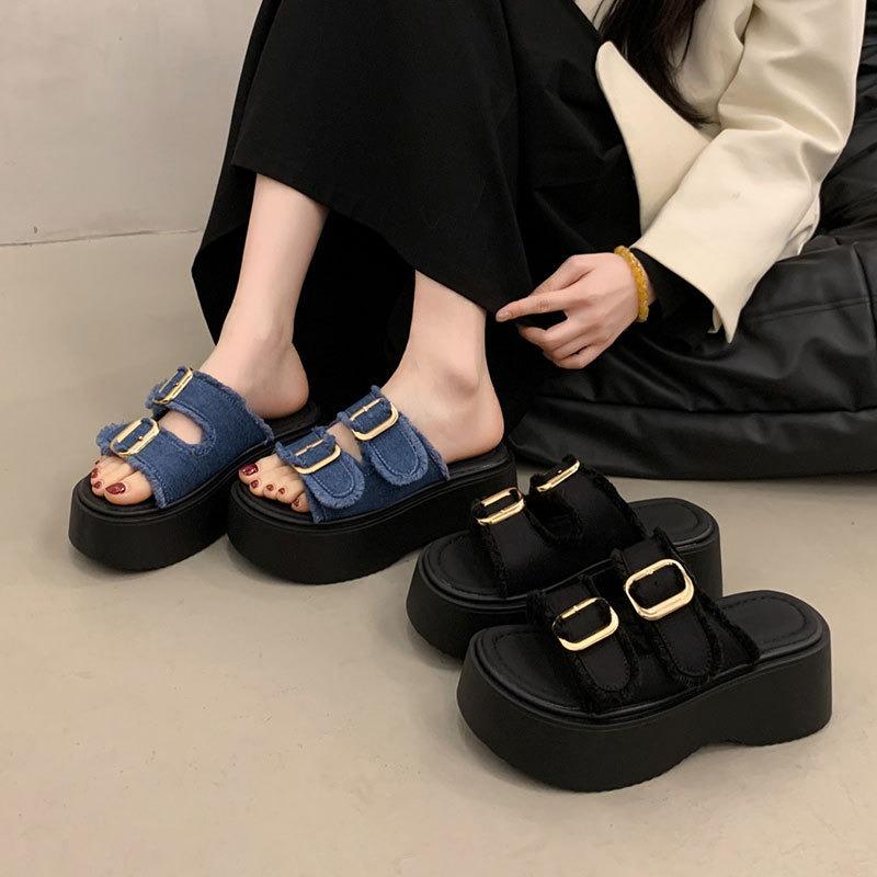 JX thick-soled muffin sandals women's new versatile height-increasing denim slippers sports cool slippers