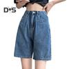 Women Knee Length Jeans Straight High Waist Zipper Button Closure Retro Pockets Solid Color Loose Lady Denim Shorts Casual Short Pants