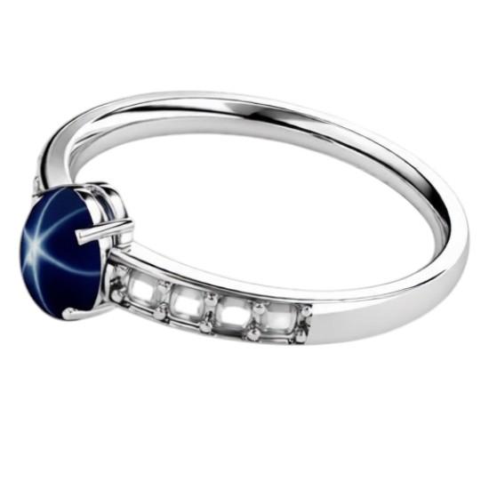 Blue Star Sapphire Vintage Ring with White Sapphire Side Stones – 925 Sterling Silver, Handmade Ring, Oval Gemstone Birthstone