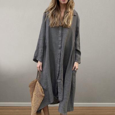Autumn Retro Women's Casual Dress Single Breasted Irregular Long Dress Loose Fit Shirt Skirt Ladies Lapel Dress for Office Casual Beach Party